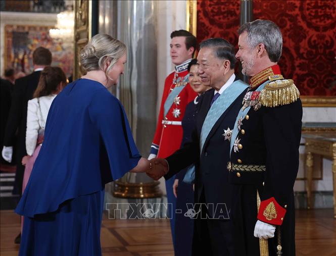 Tổng Bí thư, Chủ tịch nước Tô Lâm và Phu nhân Ngô Phương Ly cùng Nhà Vua Đan Mạch Frederik X, Hoàng hậu Mary và Thái tử Christian với các đại biểu dự chiêu đãi. Ảnh: Thống Nhất – TTXVN