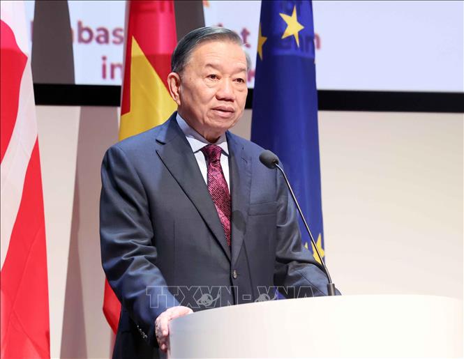 Tổng Bí thư, Chủ tịch nước Tô Lâm phát biểu khai mạc Diễn đàn Doanh nghiệp Việt Nam – Đan Mạch. Ảnh: Thống Nhất – TTXVN