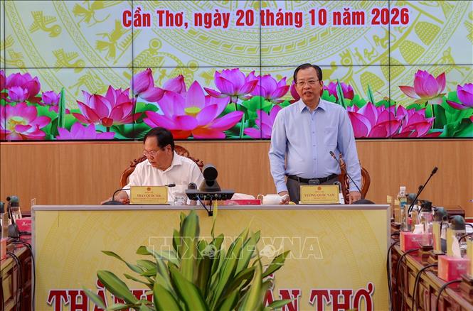 Phó Chủ tịch UBND thành phố Cần Thơ Vương Quốc Nam phát biểu tại buổi làm việc. Ảnh: Thanh Liêm - TTXVN