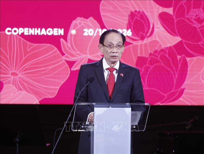 Đồng chí Lê Hoài Trung, Uỷ viên Bộ Chính trị, Bộ trưởng Bộ Ngoại giao phát biểu. Ảnh: Thống Nhất – TTXVN
