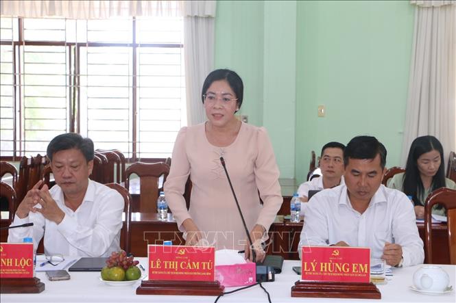 Bà Lê Thị Cẩm Tú, Bí thư Đảng ủy phường, Chủ tịch HĐND phường Long Bình, phát biểu tại buổi làm việc. Ảnh: Duy Khương - TTXVN