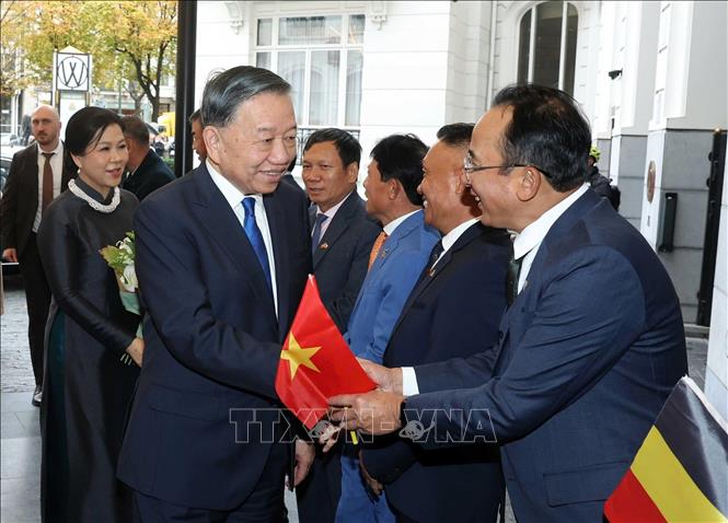 Kiều bào các nước trong khu vực đón Tổng Bí thư, Chủ tịch nước Tô Lâm và Phu nhân Ngô Phương Ly tại khách sạn. Ảnh: Thống Nhất – TTXVN