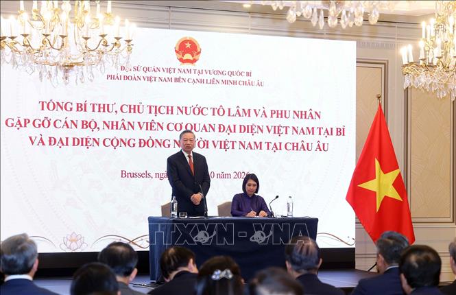 Tổng Bí thư, Chủ tịch nước Tô Lâm nói chuyện thân mật với cán bộ, nhân viên Đại sứ quán Việt Nam tại Bỉ và đại diện cộng đồng người Việt Nam tại châu Âu. Ảnh: Thống Nhất – TTXVN