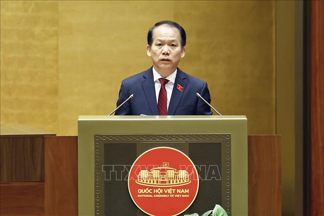 Bộ trưởng Bộ Tư pháp Hoàng Thanh Tùng, thừa ủy quyền của Thủ tướng Chính phủ trình bày Tờ trình về dự án Luật Đất đai (sửa đổi). Ảnh: Doãn Tấn - TTXVN