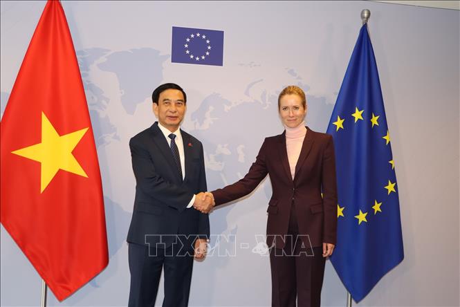 Phó Thủ tướng, Bộ trưởng Quốc phòng Phan Văn Giang và Phó Chủ tịch Ủy ban châu Âu, Đại diện cấp cao EU Kaja Kallas chụp ảnh chung. Ảnh: Duy Tùng - PV TTXVN tại Bỉ