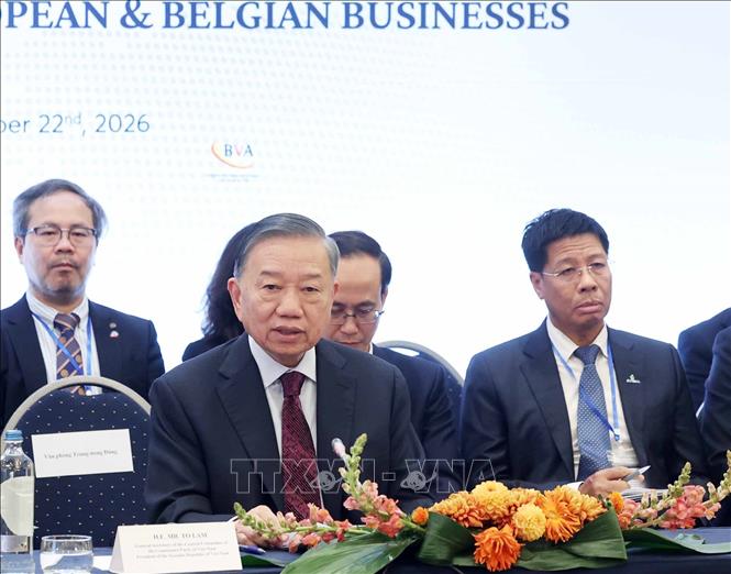 Tổng Bí thư, Chủ tịch nước Tô Lâm phát biểu tại Tọa đàm cấp cao với lãnh đạo doanh nghiệp tiêu biểu châu Âu và Bỉ. Ảnh: Thống Nhất – TTXVN