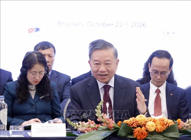 Tổng Bí thư, Chủ tịch nước Tô Lâm phát biểu tại Tọa đàm cấp cao với lãnh đạo doanh nghiệp tiêu biểu châu Âu và Bỉ. Ảnh: Thống Nhất – TTXVN