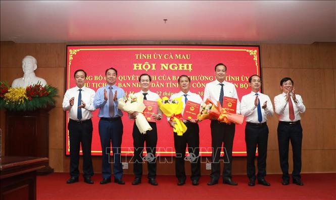 Lãnh đạo Tỉnh ủy, UBND tỉnh trao quyết định của Chủ tịch UBND tỉnh và tặng hoa chúc mừng các đồng chí được điều động, bổ nhiệm. Ảnh: Huỳnh Anh - TTXVN