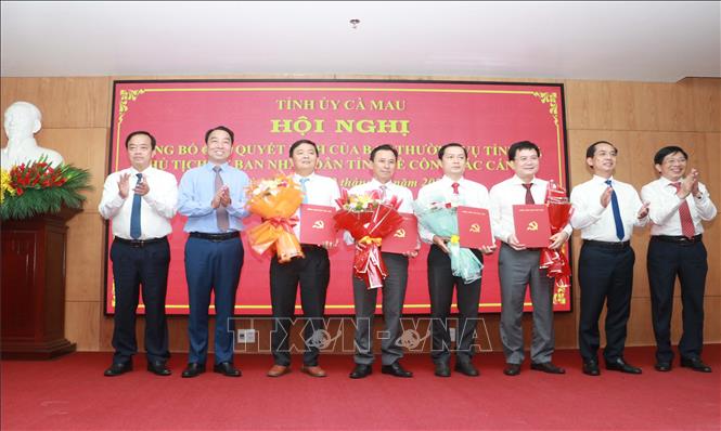 Lãnh đạo Tỉnh ủy, UBND tỉnh Cà Mau trao các quyết định điều động, phân công nhiệm vụ làm thành viên chuyên trách Ban nghiên cứu chuyên đề tỉnh. Ảnh: Huỳnh Anh - TTXVN