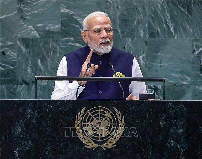 Thủ tướng Ấn Độ Narendra Modi phát biểu tại Kỳ họp của Đại hội đồng Liên hợp quốc (LHQ) ở New York, Mỹ. Ảnh: ANI/TTXVN phát