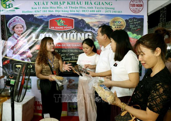 Đại diện các hợp tác xã giới thiệu các sản phẩm đặc sản của tỉnh Tuyên Quang đến người dân, du khách tại Hội chợ Thương mại quốc tế Việt – Trung năm 2026. Ảnh: Đức Thọ - TTXVN