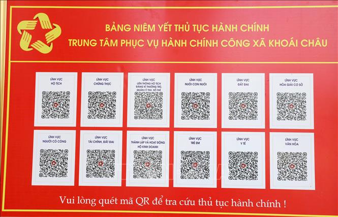 Bảng niêm yết thủ tục hành chính của Trung tâm Phục vụ Hành chính công xã Khoái Châu đặt tại Nhà Văn hóa các thôn. Ảnh: Thế Duyệt – TTXVN