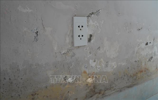 Một số vị trí thấm nước ngay phích cắm điện, người dân lo lắng về nguy cơ mất an toàn điện. Ảnh: Nhựt An - TTXVN