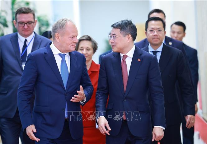 Thủ tướng Lê Minh Hưng cùng Thủ tướng Cộng hòa Ba Lan Donald Tusk dự hội đàm. Ảnh: Dương Giang – TTXVN 