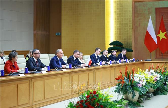 Thủ tướng Cộng hòa Ba Lan Donald Tusk phát biểu tại cuộc hội đàm. Ảnh: Dương Giang – TTXVN 
