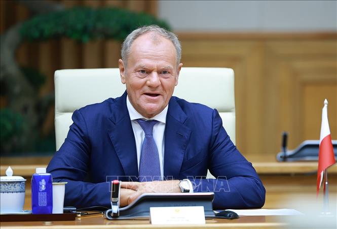 Thủ tướng Cộng hòa Ba Lan Donald Tusk phát biểu tại cuộc hội đàm. Ảnh: Dương Giang – TTXVN 
