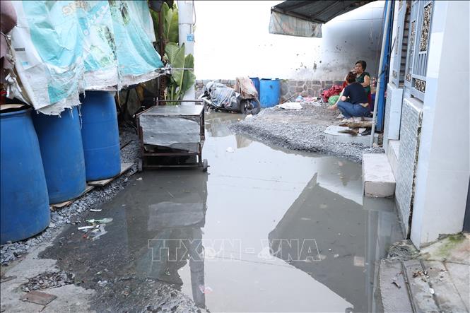 Một số nhà trong hẻm 1632 đường Huỳnh Tấn Phát, xã Nhà Bè, phải nâng nền lên cao để nước không tràn vào nhà khi triều cường lên cao. Ảnh: Hồng Đạt - TTXVN