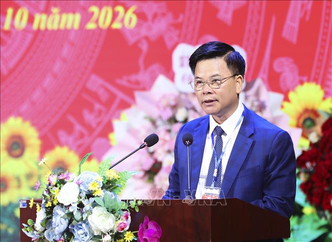 Ông Vũ Văn Thượng, Giám đốc Báo và Phát thanh, Truyền hình Điện Biên, Chủ tịch Hội Nhà báo tỉnh khóa VIII, nhiệm kỳ 2026 - 2031, phát biểu nhận nhiệm vụ. Ảnh: Xuân Tư - TTXVN