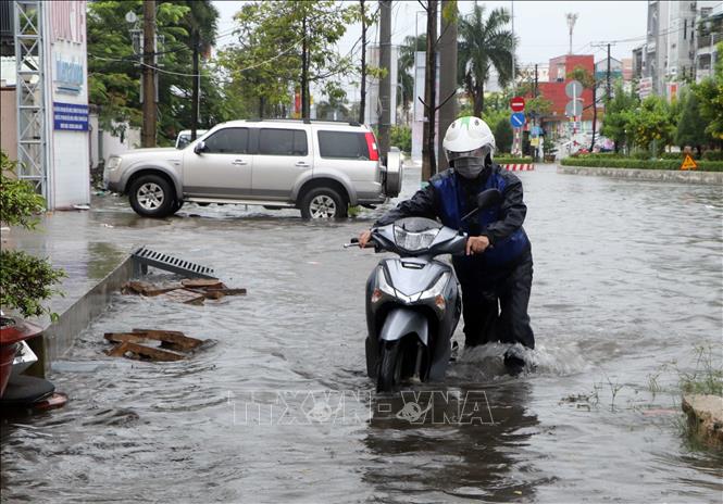 Mưa lớn kết hợp triều cường gây ngập nhiều tuyến đường tại Cà Mau. Ảnh: Trung Hiếu - TTXVN
