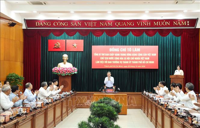Tổng Bí thư, Chủ tịch nước Tô Lâm làm việc với Ban Thường vụ Thành ủy Thành phố Hồ Chí Minh. Ảnh: Thống Nhất – TTXVN