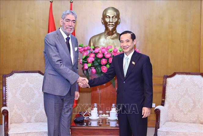 Phó Bí thư Đảng uỷ Dân vận, Mặt trận và các đoàn thể Trung ương Nguyễn Thái Học tiếp đồng chí Miguel Mejia, Tổng Bí thư Đảng Phong trào Cánh tả Thống nhất (MIU), Cộng hòa Dominica. Ảnh: Minh Đức – TTXVN