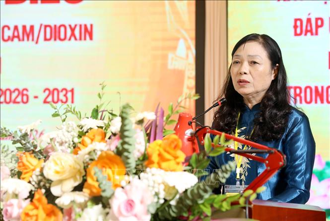 Chủ tịch Hội Nạn nhân chất độc da cam/dioxin tỉnh Hưng Yên Nguyễn Thị Thúy Hoàn phát biểu. Ảnh: Thế Duyệt – TTXVN 