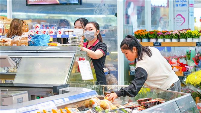 Hoạt động kinh doanh, mua bán thực phẩm tại các trung tâm thương mại giúp đa dạng hóa hệ thống phân phối hàng hóa, nâng cao chất lượng phục vụ và thúc đẩy phát triển thương mại, dịch vụ trên địa bàn tỉnh. Ảnh: Minh Phú - TTXVN