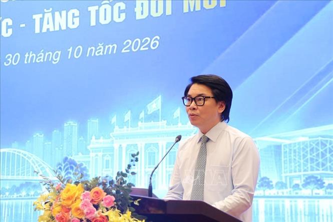 Giám đốc Sở Khoa học và Công nghệ Hải Phòng Nguyễn Cao Thắng phát biểu khai mạc hội thảo. Ảnh: Mạnh Minh - TTXVN