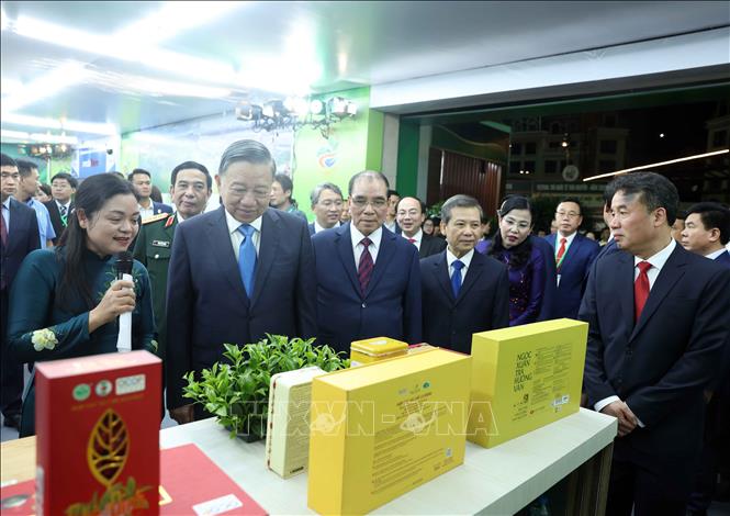 Tổng Bí thư, Chủ tịch nước Tô Lâm tham quan không gian trưng bày thành tựu phát triển kinh tế - xã hội và xúc tiến đầu tư của tỉnh Thái Nguyên. Ảnh: Thống Nhất – TTXVN