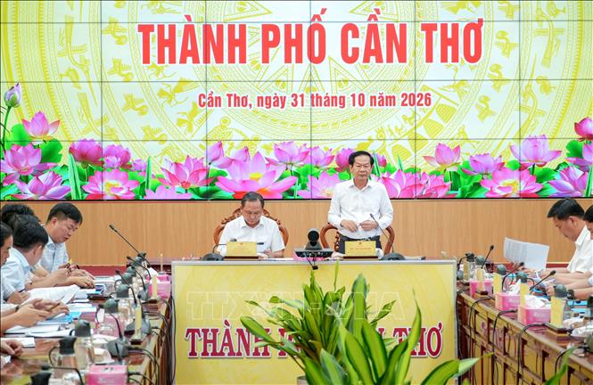 Bí thư Thành ủy Cần Thơ Đỗ Thanh Bình phát biểu tại buổi làm việc. Ảnh: Thanh Liêm - TTXVN