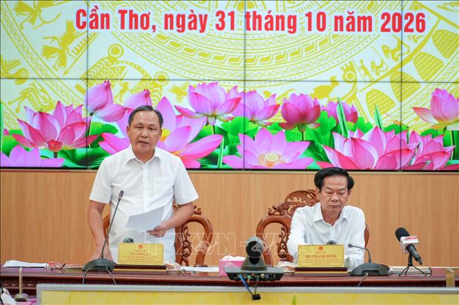 Phó Chủ tịch Thường trực UBND thành phố Cần Thơ Lê Công Lý phát biểu tại buổi làm việc. Ảnh: Thanh Liêm - TTXVN